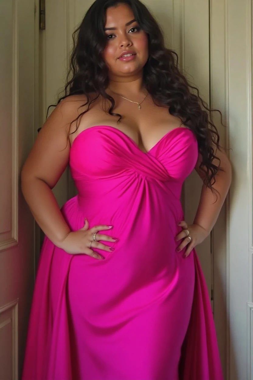 The AVN Award for Sultry Plus-Size Exhibitionist Amorous MILF with breasts and deep V-neck blouse cleavage goes to a confident beauty in a soft pink satin dress. The sweetheart neckline, bow, and tiered chiffon skirt add a touch of flirty femininity to her captivating and bold presence.