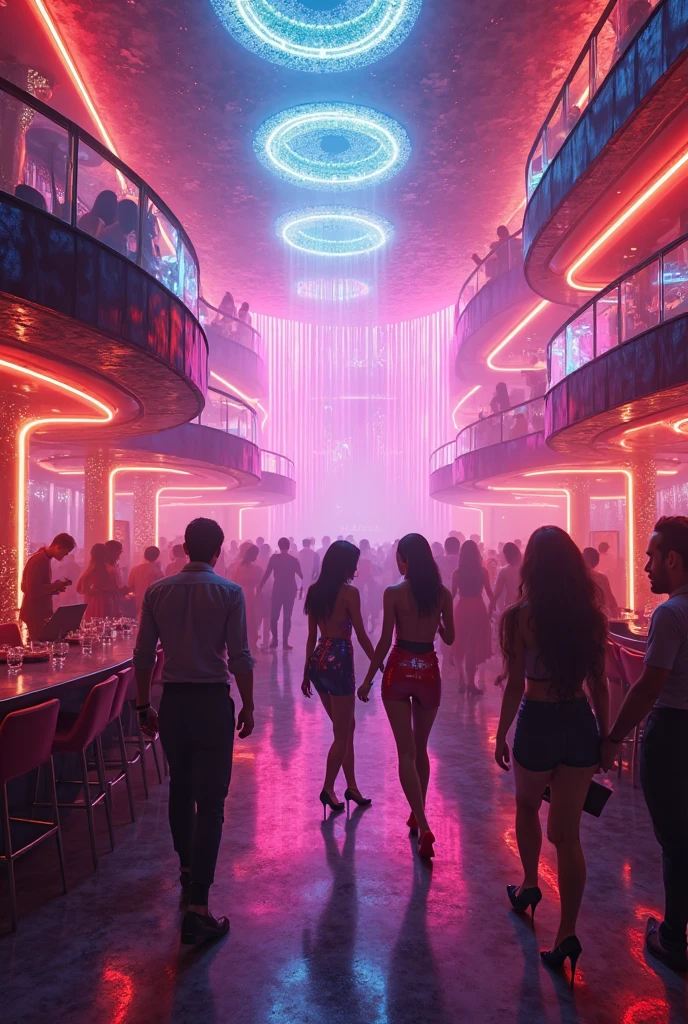 futuristic modern strip club, neon lights, huge room,  futuristic, wide room, blue and purple neon lights, modern bar with neon underlights, dance-poles,,  huge windows, futuristic view, night view, dark marble, night room, modern  waterfall corner,




