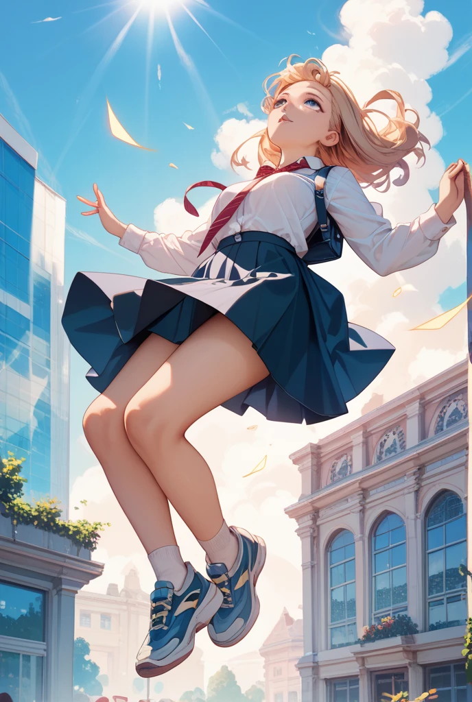 a girl, wizard, laughing, running, looking back, short hair, blonde, blue eyes, pale skin, thighhighs, in the city, at noon, fantasy
