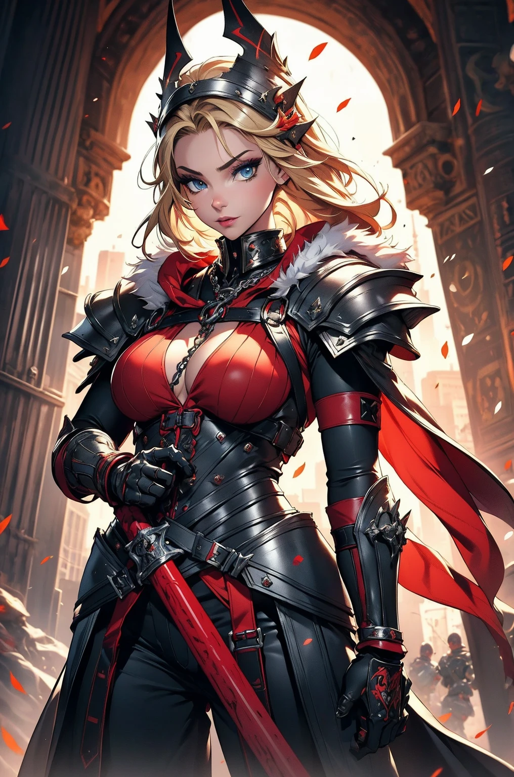 Masterpiece, best quality, White, Korean woman, tall, slender, Female Knight, red armor, beautiful face, beautiful hand, anime pastel, cleavage, Castle, wide-angle, sultry look, seductive
