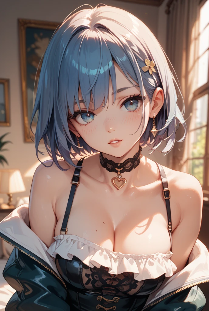 ((masutePiece)), ((best quality)), em 8K, Detalhes, ultra-detalhado, Detalhado e intrincado, 1girl em, piercings na orelha, cabelo azul claro e verde, cortes de bob, Orelhas de gato, piscar, Perfil, Piece, saia pelo, andar, um parque, Invernos