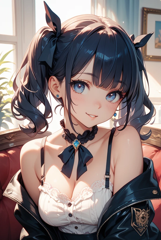 ultra-quality, ultla highres, Hyper Detailed, High contrast, Ultrafine Strike, creative refinement,A dark-haired,Blue lingerie,ssmile,blue corset,Blue garter belt,Show Pub,5 fingers on hand
