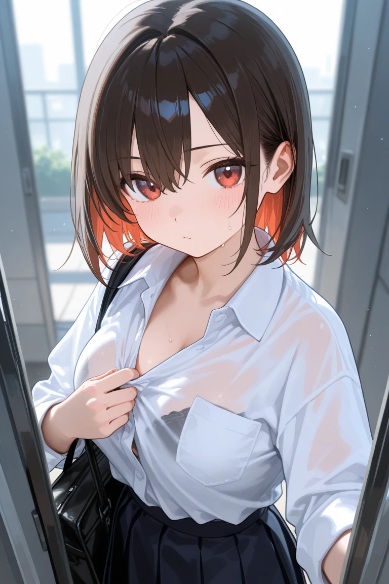 (Highest quality,High resolution,masterpiece:1.3),Tall and beautiful woman,Slim Abs,Loosely wavy dark brown hair,Medium Breast,White Button Down Blouse,Deep V Big Tits,Pleated skirt,(Modern architecture in the background),The details of the face and skin texture are beautifully expressed.,Fine grain,double eyelid