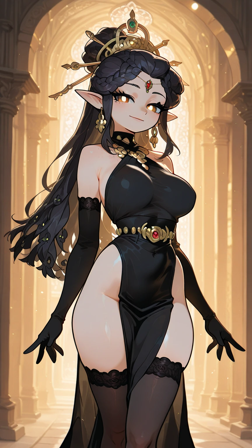 pointy ears, 1girl, breasts, hair over one eye, large breasts, yellow eyes, dress, cape, solo, cleavage, smile, elf, looking at viewer, hair ornament, pelvic curtain, covered navel, black hair, long hair, black dress, window, cloak, thighhighs, indoors, flower