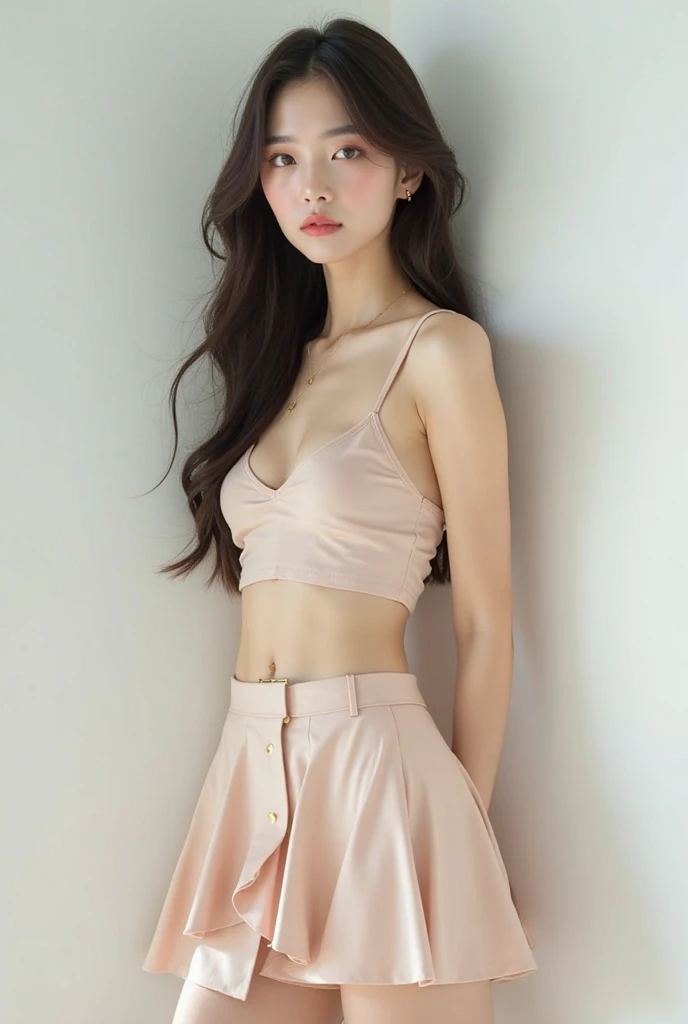 realistic, girl alone, green eyes, shining eyes, short tiny crop top, décolletage, lateral cleavage, very short pink skirt with side slits, long legs, cowboy shot, full shot, puckered lips, blush, night, flower, sun, sunlight, best quality, ultra realistic, 8k