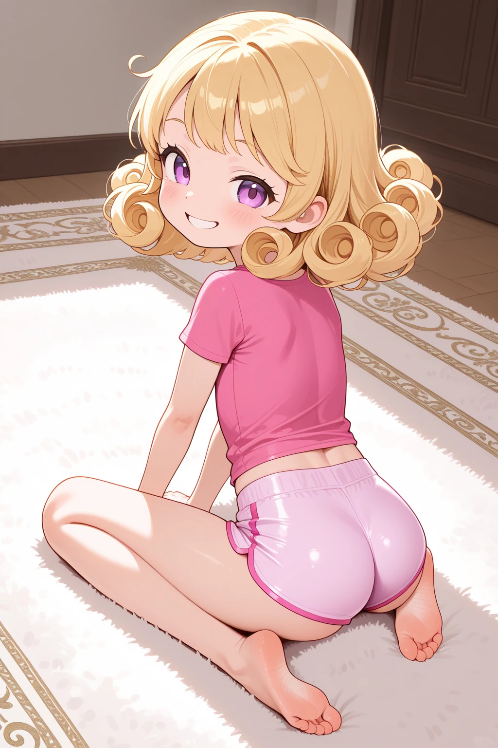 A young girl with curly blonde hair, violet eyes, pale skin, pink lips, lying on the couch, wearing a white tank top, a tiny lace thong, and white knee-high stockings, with a good view of her butt.