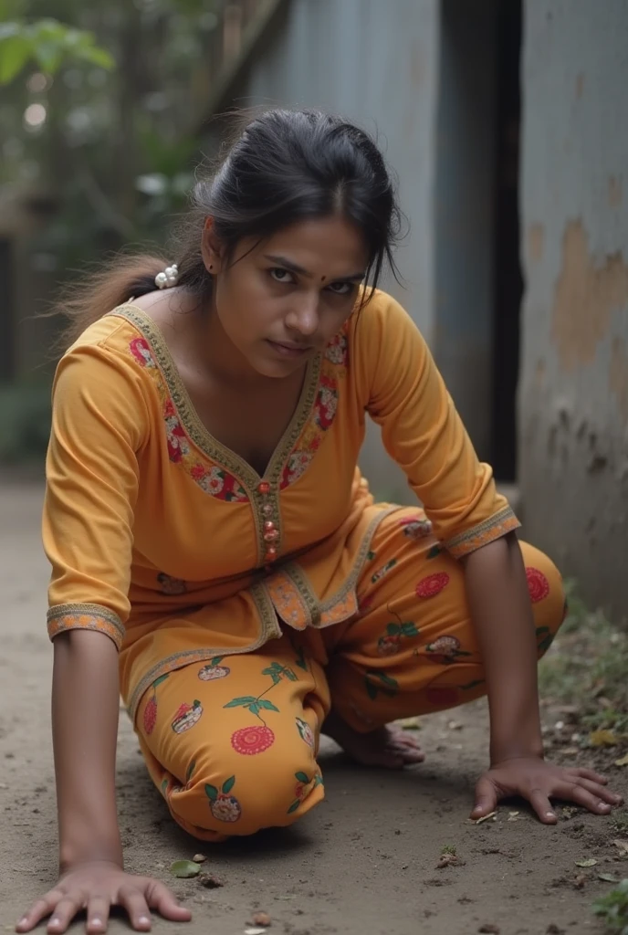 Forest scene , top view, A radiant, South Indian 35 year old aunty a gray chiffon skirt and shirt, sitting the floor on her knees a man standing next to her, captured in a full-body image with vibrant hues and meticulous details. Full body image