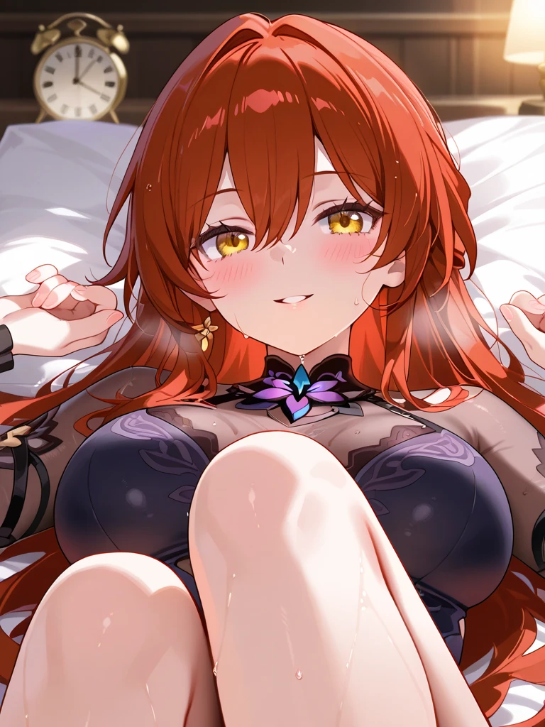 1 girl, (masterpiece), (high quality), (8k resolution), (best quality), (masterpiece:1.5), ((anime)), vibrant details, 1girl, (cute:1.2), beautiful, high-quality and detailed face, perfect face, (light red hair:1.4), rosy cheeks, detailed eyes, (green eyes),colorful eyes,(watery eyes),nsfw,, slender body, looking at viewer, shiny skin, big breasts, cleavage, ((red knight uniform)), laying on the floor, getting raped, straddle, (blushing:1.5), ahegao face, moaning, open Legs, short skirt