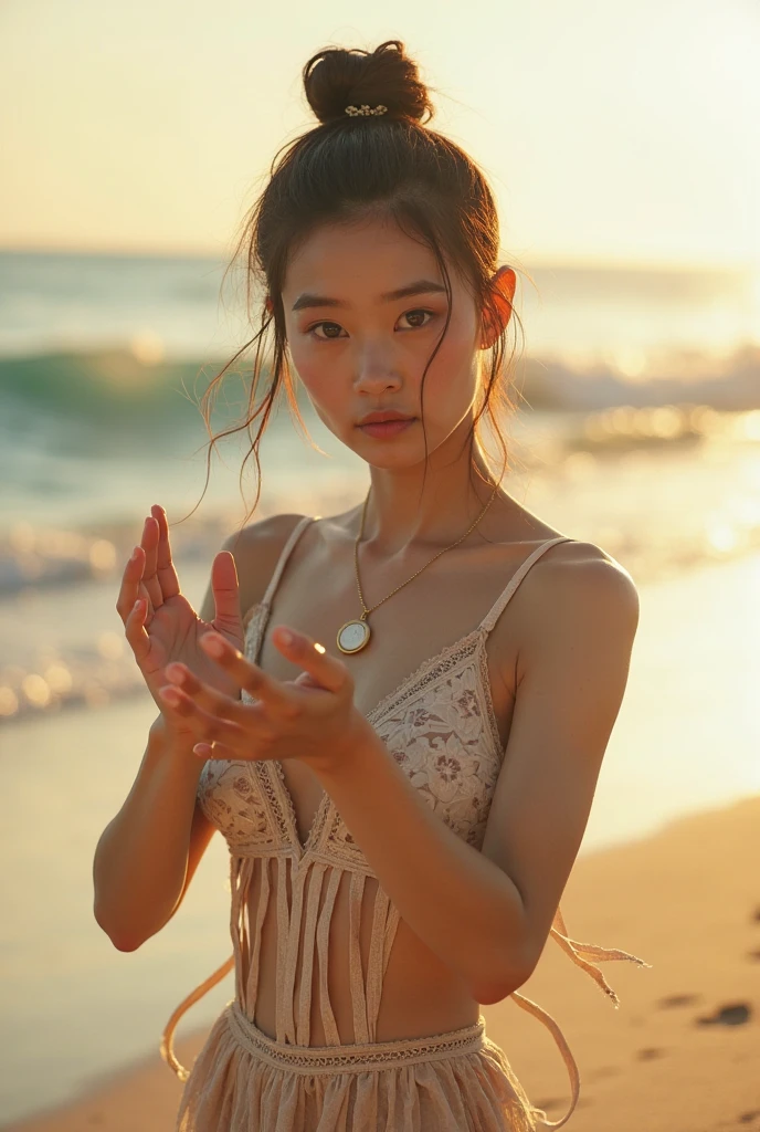 Girl hand holding necklace written letter o and f
At beach