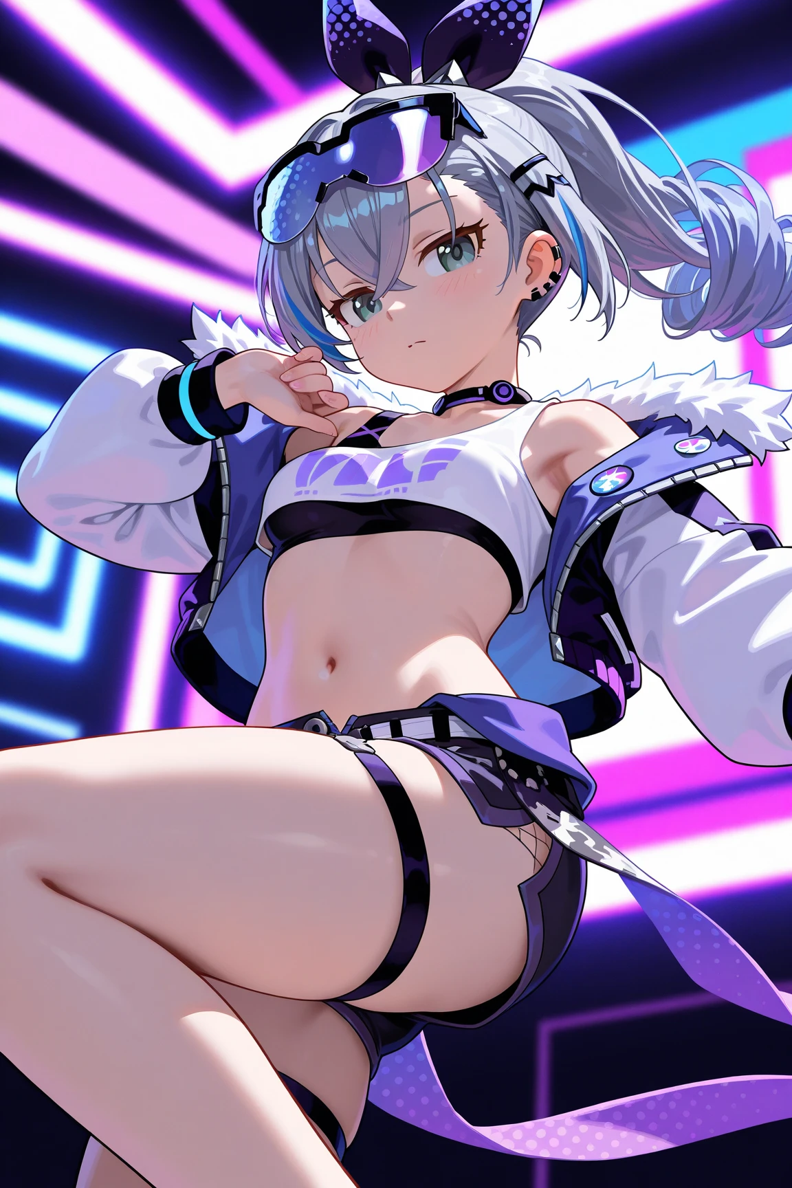View from below Angle from below up skirt perspiring Hot wet microphone (masutepiece: 1.3), (max resolution: 1.2), (Ultra HDTV: 1.2), cinematric light, Ultra HDTV, (Detailed eyes and skin), (detailed facial features), 8K resolution, Sharp Focus: 1.2, Perfect Style, Beautiful face, acurate, Anatomically correct, Highly detailed face and skin texture, Detailed eyes, Dark-blue eyes, Double eyelids, Thin eyebrows, (Dropped eyes:0.65), (Glitter Eyeliner:1.2), Natural cheeks, (Sweaty skin:1.2), (Fair skin:1.2), shiny necklace and earrings, (Glossy lips: 1.4), BREAK, absurderes, One-person viewpoint, (She a very cute nightclub dancer), (While wearing a white string micro bikini:1.2), BREAK, (Wear a formal jacket:1.3), BREAK, ((Skirt:1.2)), (high-heelREAK, (Sexy smile:1.2), ((18 years old, Very cute and neat girl:1.3)), (high-ponytail Hairstyle, Wavy Hair), ((Dark silver hair:1.4)), Medium Long Hair, BREAK. ((Full body shot: 1.4)), (Looking at Viewer:1.2), ((Dance with your chest sticking out:1.4)), (On the dance stage)), ((There are a lot of spectators around:1.2)), (focus on chest:1.3), (From below), (medium large breasts:1.2), cleavage, ((In a super erotic nightclub:1.4)), BREAK, ((Pink Neon Lights:1.2)), (((Dim lighting:1.3))),Open the foot from the bottom