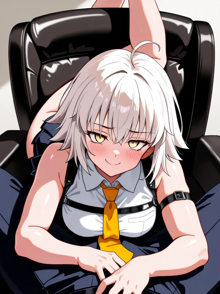 (((dark brown skin))), Yellow eye color, gray hair color, short hairstyle, ((gal fashion)),(((NSFW))),30 year old female, anime character, (one person), ((Sex on the desk)), ((1boy)), inside the room
