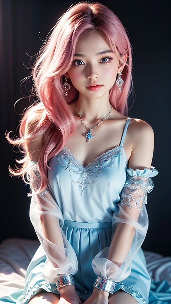 A young woman youthful appearance with long, flowing hair is styled in a short, and it appears to be blowing slightly, suggesting movement and striking expressive eyes with a gradient of blue and pink hues, her expression contemplative. wearing a white, off-the-shoulder top with ruffled sleeves, which is partially draped over one shoulder, revealing a portion of the character's chest. The top has a light, ethereal quality to it, with a soft glow that seems to emanate from the fabric. The character is also wearing a delicate necklace with a small, round pendant.. The overall atmosphere is one of quiet elegance and mystery.
