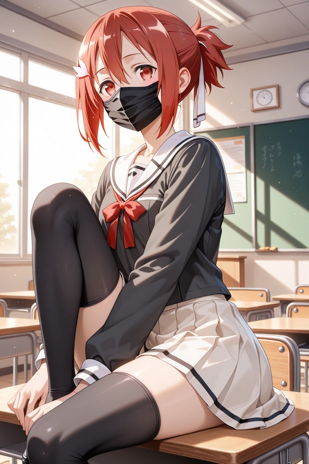 (realistic:1.3), finely detailed, quality,(masterpiece:1.2), (photorealistic:1.2), (best quality), (detailed skin:1.3), 15 years old,(loli:1.2),akb48,nogizaka46,young,,(small breasts:1.3),flat breasts,teens girl,,,(Navy blazer:1.4),( white blouse:1.2),(ribbon:1.2),(red pleated skirt:1.2),A dark-haired,delicate and body,(classroom:1.2)、frontage、full bodyesbian、white socks,highschool,desk,chair,(sitting on the floor:1.2),(seiza:1.4),,(skinny:1.2),beautiful girl,akb48,nogizaka46,(braid short ponytail:1.2),,,(arms behind back:1.7),,( restrained:1.8),(shackles:1.8),(bdsm:1.8),(metal collar:1.5),(blindfold:1.7),(lamentation:1.0),(★looking up at viewer:1.2),,(from above:1.4),,(cake on the floor:1.7),