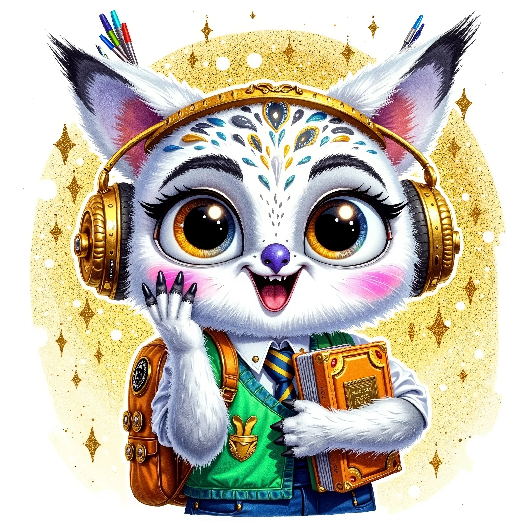 ((((smlstxtr)))) (EMBOSSED TEXTURED extremally detailed hi-rez, IDEAL SILK GLOSSING REALISTIC HAIRS: 1.5) a quirky crazy happy expressive emotions by pixarand Zootopia,glossing vibrant vivid, color-metallicgoldlines-inkblacklines, watercolor with clear contours, single very cute flirtous 15years Hedwig white polar owlteenager cool teenager with schoolbooks, school glitterclothes, isolated clipart on white background, glossing gold details,highfashion pose,whole-body,Zootopia,whole-body full-body clipart,GREGRUTKOWSKII STYLE  ((((seamless texture))))