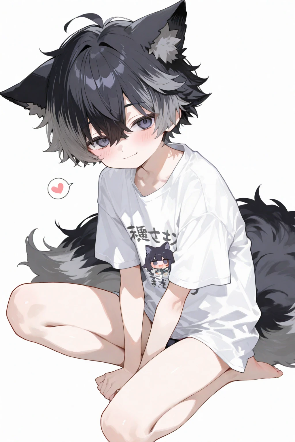 (Empty), ((masterpiece)) , ((best quality)), illustration, hairy, 
puppy, animal ears, Tail, 1 boy, leave, whole body, 1 girl, alone, short hair, Black hair, *//*,The left and right eyes are different colors, The left eye is blue.,The right eye is a red eye, *//*, black shirt, looking at the audience,cute,Shota,Black hair,weak,Happy expression,Black hair发身体,Black hair发耳朵,Black hair发耳朵,Black hair发面部,Tail由根到尖渐变由黑到白,blush,blue tie,ears down,Completely naked,whole body白色液体