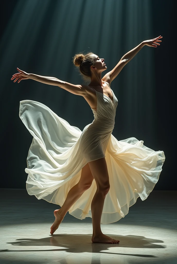 Masterpiece: 1.5, Dramatic Lighting, Professional Puerto Rican and Portuguese Dancer, Mid-Performance, White, Flowing Dress, Dark Background, Sense of Depth, Focus, Sparkling Belt, Glamour, Agility, Control, Elegant Movements, Graceful Arms, Bent Knees, Raised Above Head, Bathed in Passion, Emotion, Off-Center Composition, Turned Face, Closed Eyes, Sense of Surrender, Dance Form Beauty, 1 dancer, Captivating Portrait.

3D Octane Rendering, Ray Tracing, Super Detailing Viewer, Close