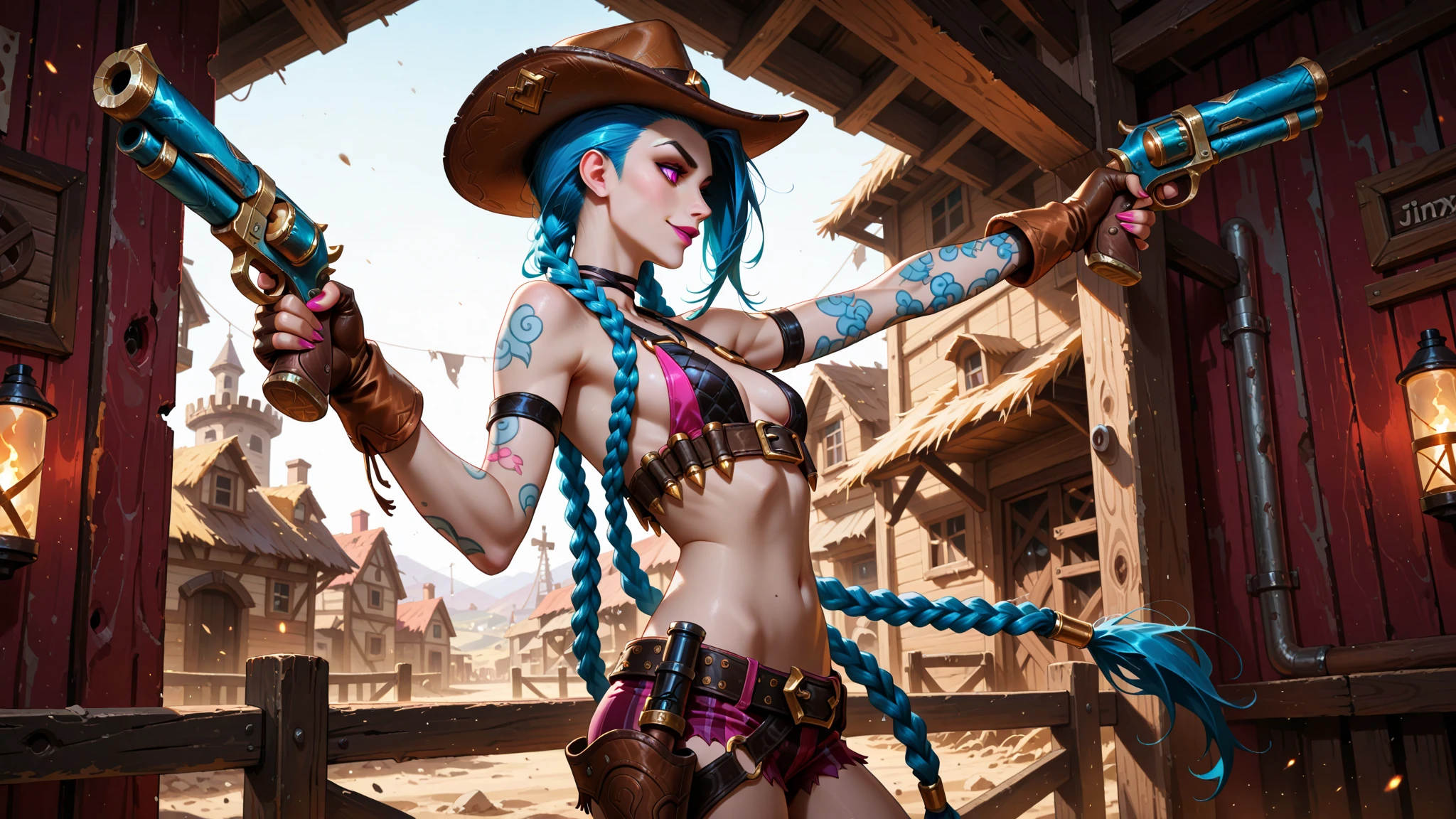 (masterpiece, best quality:1.2), intricate details, jinx \(league of legends\), 1girl, twin braids, nude , necklace, belt, bullet,