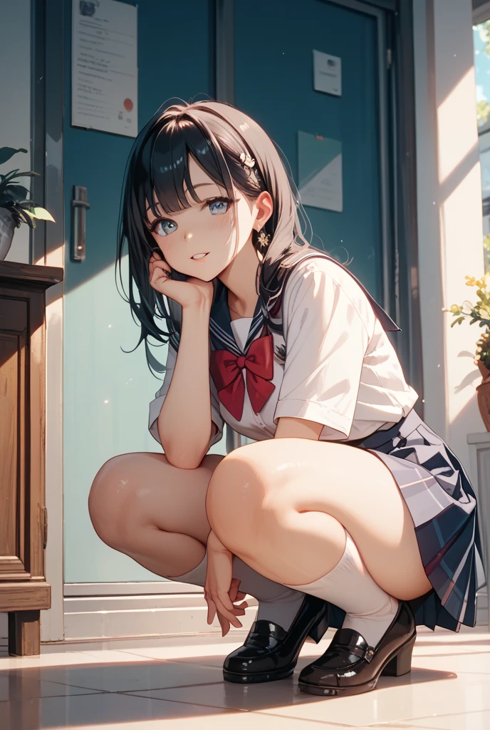A swedish, American, german, young woman, 20yo, downtown, in large metropolis, collared shirt, sweater, pleated skirt, chuck taylor shoes, smirk ((heavy gaussian blur)), ((soft lighting)), (((extremely hazy:1.2))),, (extremely bright), (dreamy atmosphere), bright vivid colors, (blushing:1.2)