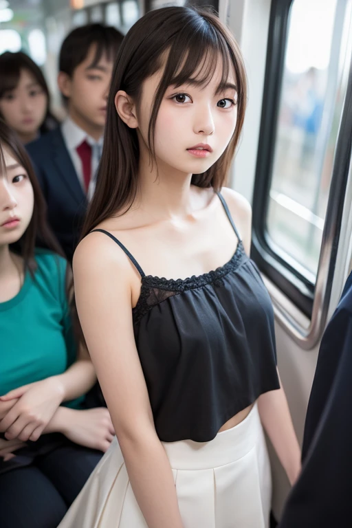 8K, Photographic images, masterpiece, 最high quality, Super Resolution, Beautiful woman with curly black hair, ((Black haired beauty)), inith bangs, Incredibly cute face, And slim, Small ???????, high quality, masterpiece, exquisite features, She looks sad, Delicate eyes, delicate golden hair, 8K quality, Pale light and shadow, Dindal effect, disheveled golden hair, A Young Country, ?????? scenes, rock, (element), Very bright white background, (Group molesters:1.3), 1 Girl, (Image from below front), 彼女は数人のmaleに指in???される、(((Inside a crowded train in Japan))), (((少女がmaleたちの間に立たされ、???????????:1.3))), (maleたちが彼女の周りに立っている), (inearing a ???? blouse and a mini skirt), (Super beautiful face), (Her ???? dress was torn.., Her ????????? is torn、Exposed Skin., Pink ???????, Thin pubic hair), ( 彼女はmaleにつかまれた, maleたちは彼女のお?を両手in包み込んだ.:1.3), (Her clothes are torn、Torn:1,3), (in S.debt.in.), (((Her blouse is torn、Front exposed.))), (彼女のミニスカートはmaleたちに下から持ち上げられている.), (((male's's's hand is touching her ??????))), (((male puts his hand inside her skirt))), (((maleが彼女のTornスカートを引っ張る))), (((不安in恥ずかしい, Her ecstatic expression), (Her mouth is half open), (She is embarrassed and looks down..), (She is very reluctant), (She is refusing), (Very troubled look)(????? of pain))),