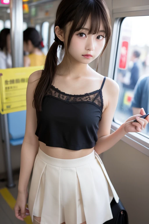 the Extremely Detailed CG Unity 8K Wallpapers、top-quality、ultra-detailliert、​masterpiece、realisitic、Photo Real、extremely detailed cute girl、20yr old、((skirt lift by yourself)))、(Lifted by yourself)、panties on、panties focus、red blush、((open legs)), cparted lips、looking at the viewers、Semi-body shot、(Large crowds)、(in a tokyo street)、(((Show your pubic area saddly )))