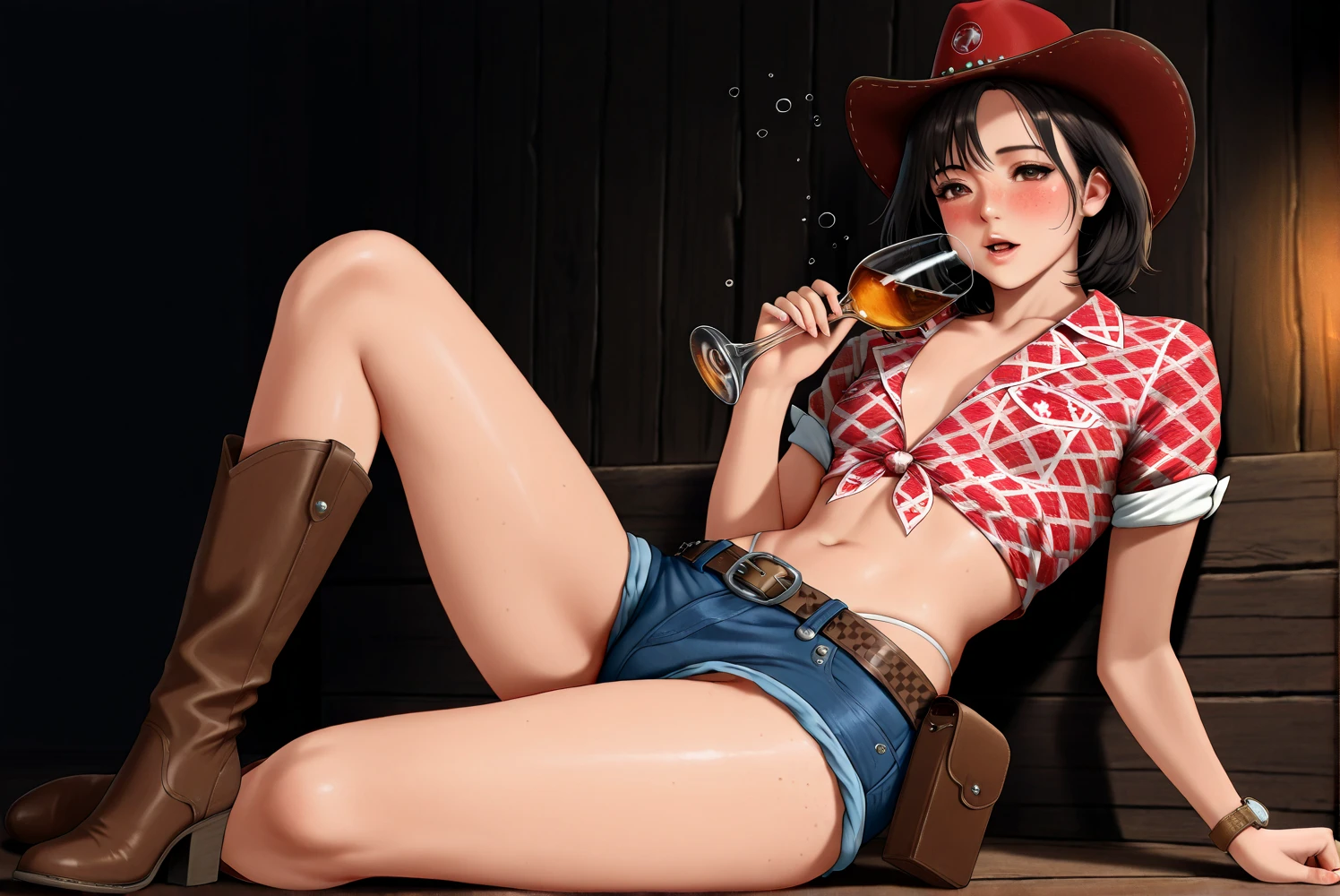 (((1 person:2.5))),(((NSFW:0.5))),(((Wear denim hot pants:1.5))),(((Wear a short-sleeved collared shirt:1.5))),(((Wear a gun belt with a holster:1.8))),,((Wear a watch on your wrist:1.5))),(((Showing cleavage))),(((Exposed thin inner thighs))),(((Small breasts:1.5))),(((Navel exposed:1.5))),(((Bare arms))),(((Put on your boots:1.5))),((Blushed:1.8)), Beautiful detailed girl, Very detailed目と顔, 緻密でBeautiful Eyes, Very detailed, High resolution, Highest quality, masterpiece, Very detailed, 8k wallpaper, wonderful, finely, Highest quality,(Standing in front of a wooden wall),Beautiful Eyes,((Engage your audience:1.5)),((Cowboy Shot:1.5))),((Front shot:1.2)),((Drinking whiskey:1.4)),(((Drunk:1.8))),(((Sit on a chair:1.2))),(((Crying face:0.8)))