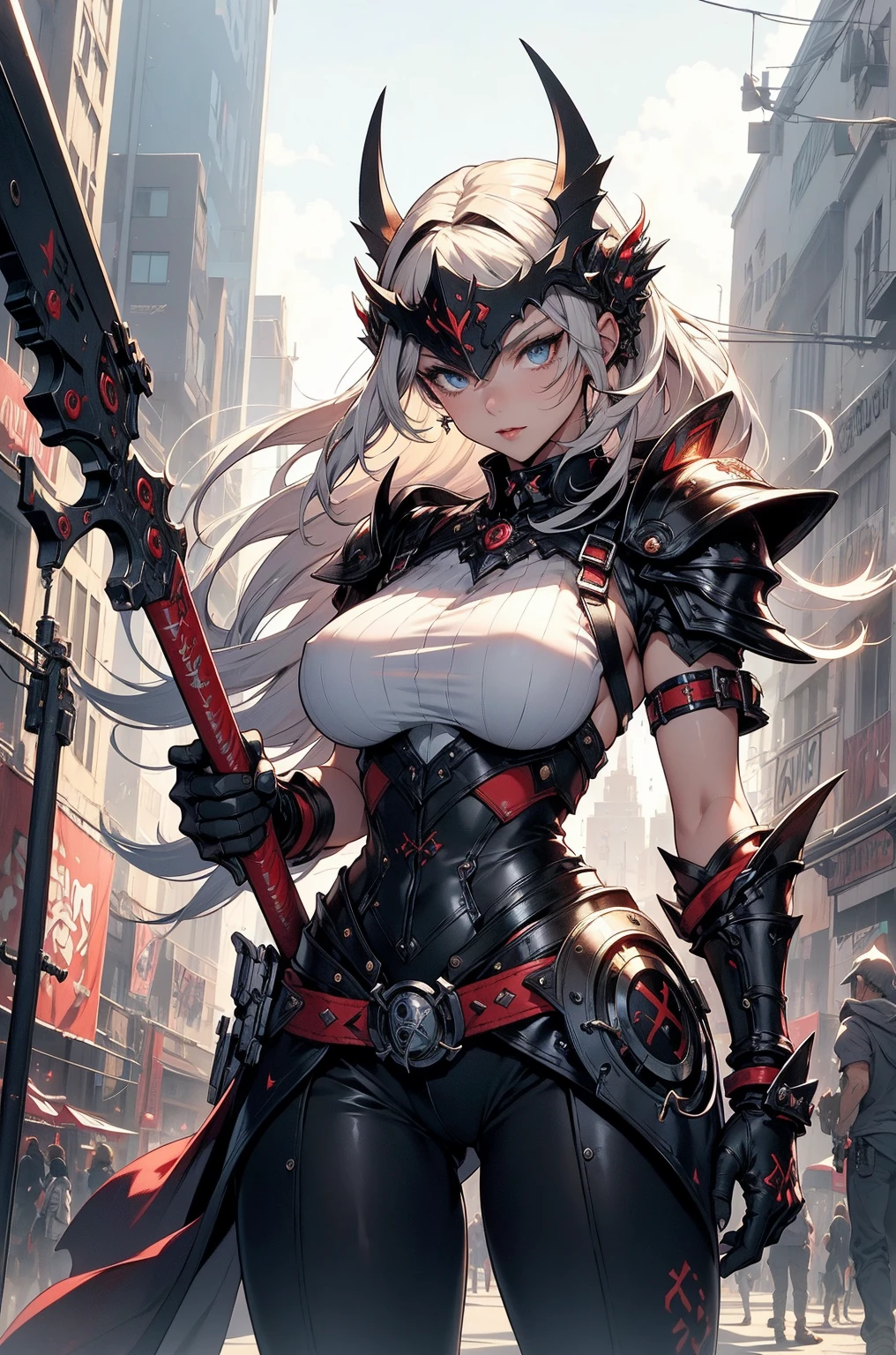 ((best quality)), ((masterpiece)), (detailed), 1 women elf-draconical heavy warrior, 8k_wallpaper, extremely detailed eyes, (large masterpiece digital art), (intricate details:1.3 ), (ultra-detailed:1.3), (sharp focus:1.3), (natural lighting:1.05), (vivid colors:1.3), (best quality:1.4), high quality, expressive eyes, full body, detailed face, beautiful face, perfect face, ((hair sandy white curls)), ((dragon dark horns)), (gold eyes), {{dark skin}}, ({dark skinned female}), big breasts, huge chest, powerful relief muscles of the abdomen and legs, powerful strong muscles of the arms, abdominal piercings, cruel predatory and cold-blooded arrogant look, a predatory smile with many fangs, dressed in an open red coat with rolled up sleeves, a heavy steel breastplate of steel armor, leather pants with steel hip pads, a wide yellow belt tied with chains, steel gloves, steel shoulder pads, a hiking backpack, a ruined village is walking along the old pier, against the backdrop of forests and mountains, dark fantasy style,