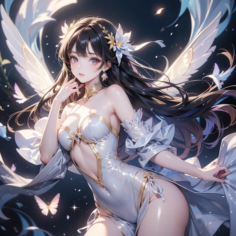 ((masterpiece, best quality:1.3)), High Definition, 8k wallpaper, Fantastic, galaxy, [Beautiful girl:1.2], Straight Hair, Hair blowing in the wind, The gesture of brushing back hair, Gazing into the distance, (See through Bikini Armor, No Clothes), light leaks, reflected in water under a sunset,