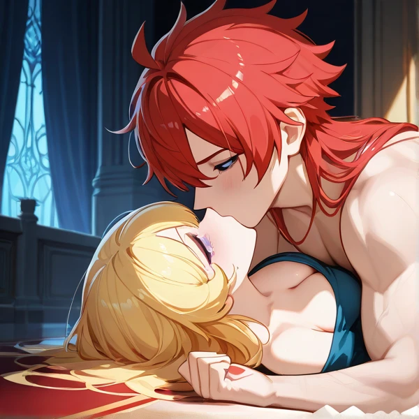 high quality、high resolution、High Depiction、Inside the inn、One Woman、(Wearing a white frilly bikini、tiara)、((Woman is having sex standing up jack-o-pose)、Mole around the eye、Are fat(1.6)、Wet(1.4)、Drooping eyes(1.9)、Blue eyes、Saggy breasts(1.9),Big Breasts(1.9)、Long Breasts(1.9)、Breasts are shaking violently up and down、(Orange Hair)(Straight Hair、long hair、slippery head、Wetた Hair、Silky Hair)、Smiling、(((Angle from the head))) (((One Black Man)))、(Big penis in pussy)、(A man is having sex standing up)