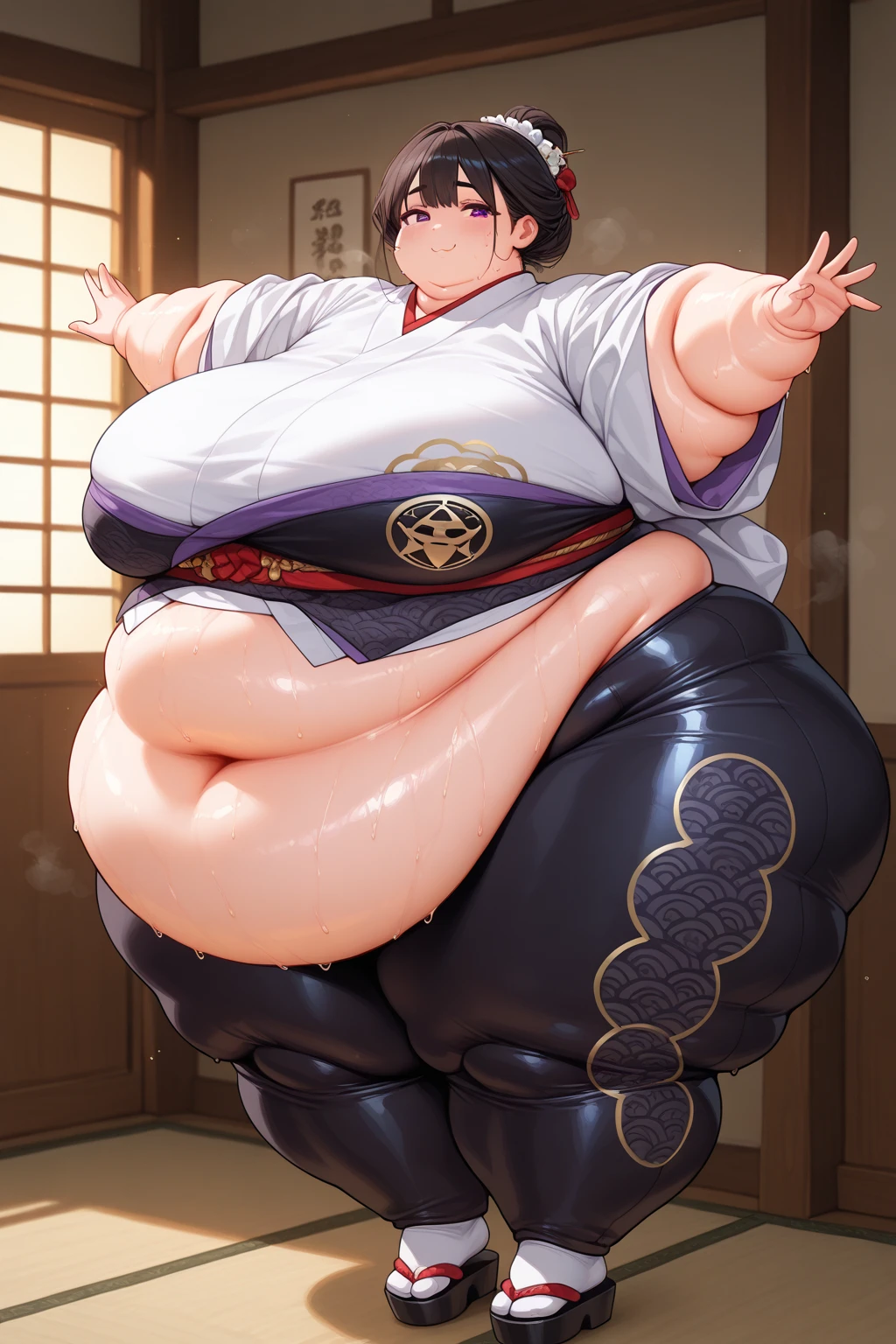 ((best quality)), ((masterpiece)), (detailed), perfect face, thicc woman, beautiful face , thicc girl , widest hips , thicc , thicc body , thicc thighs , slim arms, huge large breasts, her body is thicc, full body view, dark-black room, black bokeh background, thight dress, wearing sandles, short hairstyle, diamond necklace, wearing a watch, tall woman, restore face, white skin , longest thight pants , glasses , cold vibes, , 4k resolution, japanese goddess