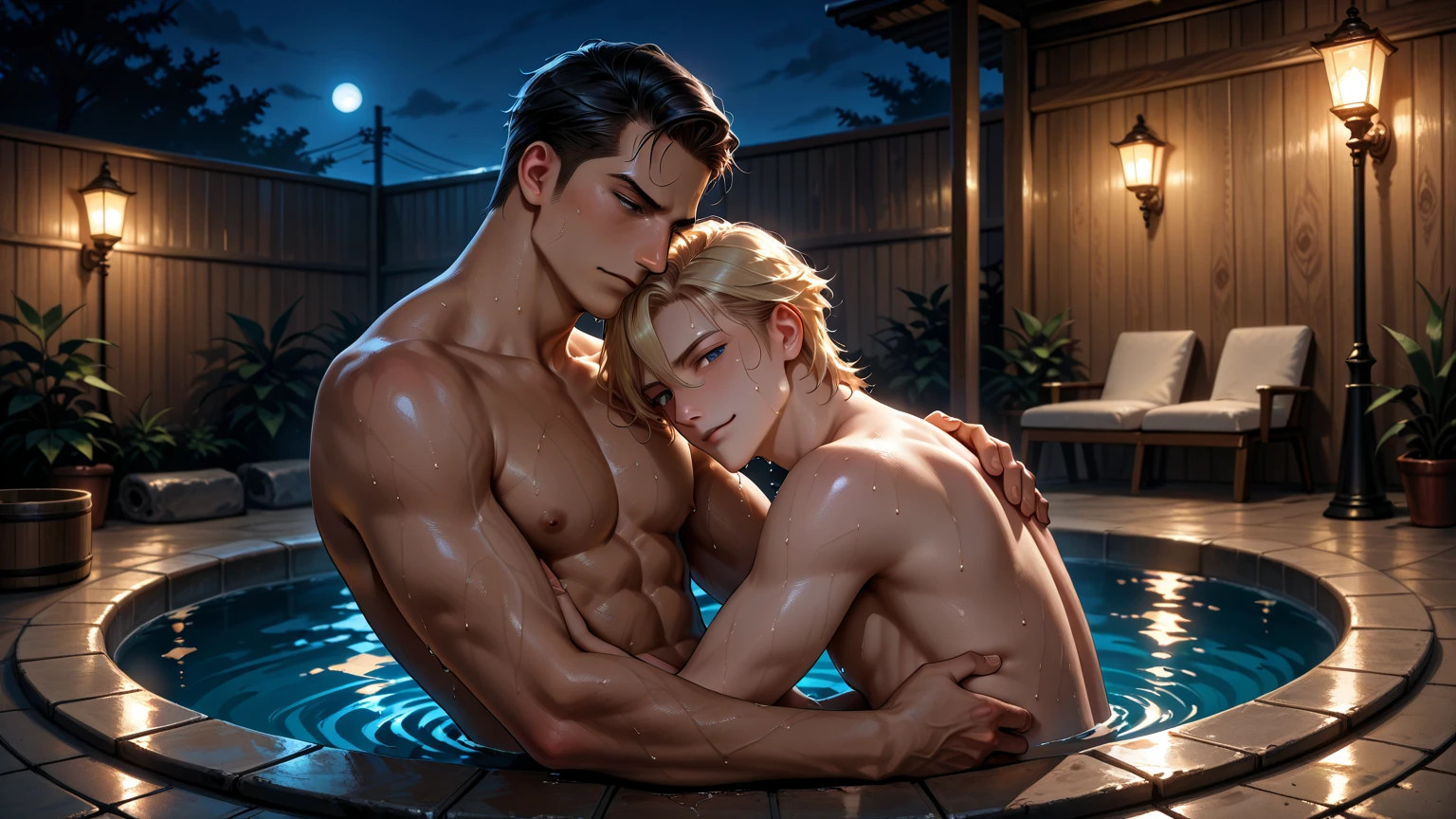 watercolor, a guy swims in a lake in the light of the moon, spreads the buttocks of a 17-year-old Brazilian boy, wearing tight slips with a large protruding convex codpiece. Muscular, with round, firm, perfect buttocks, Aesthetic, erotic, beautiful, in the style of Caravaggio