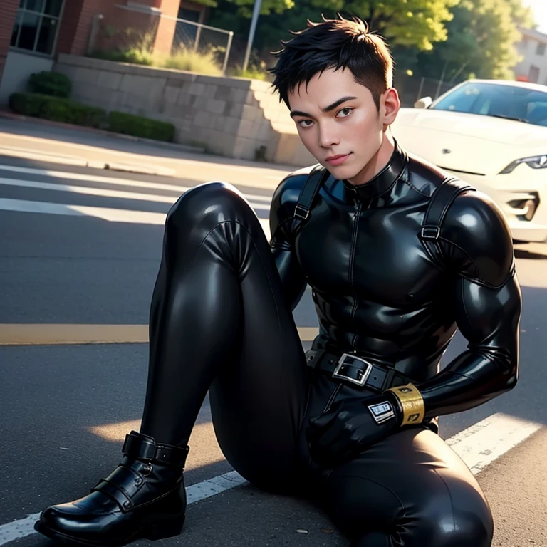 30-year-old handsome man、Black bodysuit、Shocker Belt、logic肉質、Cliff in the mountains logic,Gay ,Lying on your back Fallen The crotch area of the pants is bulging Scream Close your eyes Sticking out tongue Dirty in the muddy water