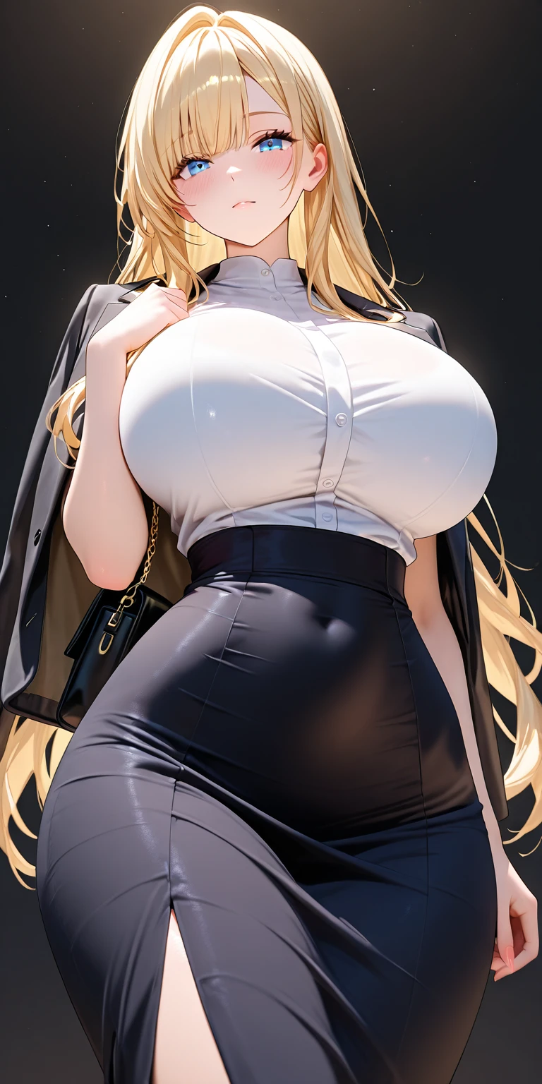 blonde hair, blue eyes, big lips, wearing pink lip gloss, long hair, giant breasts, collar shirt, button ip, hourglass figure, (narrow waist), thick thighs, defined stomach, cubicle, business office, window, modern decor, puckered lips, standing, simple background, cleavage, dainty necklaces, pearl earrings, hair adornments, micro skirt, detailed face and eyes, head tilt, intimacy, midshot