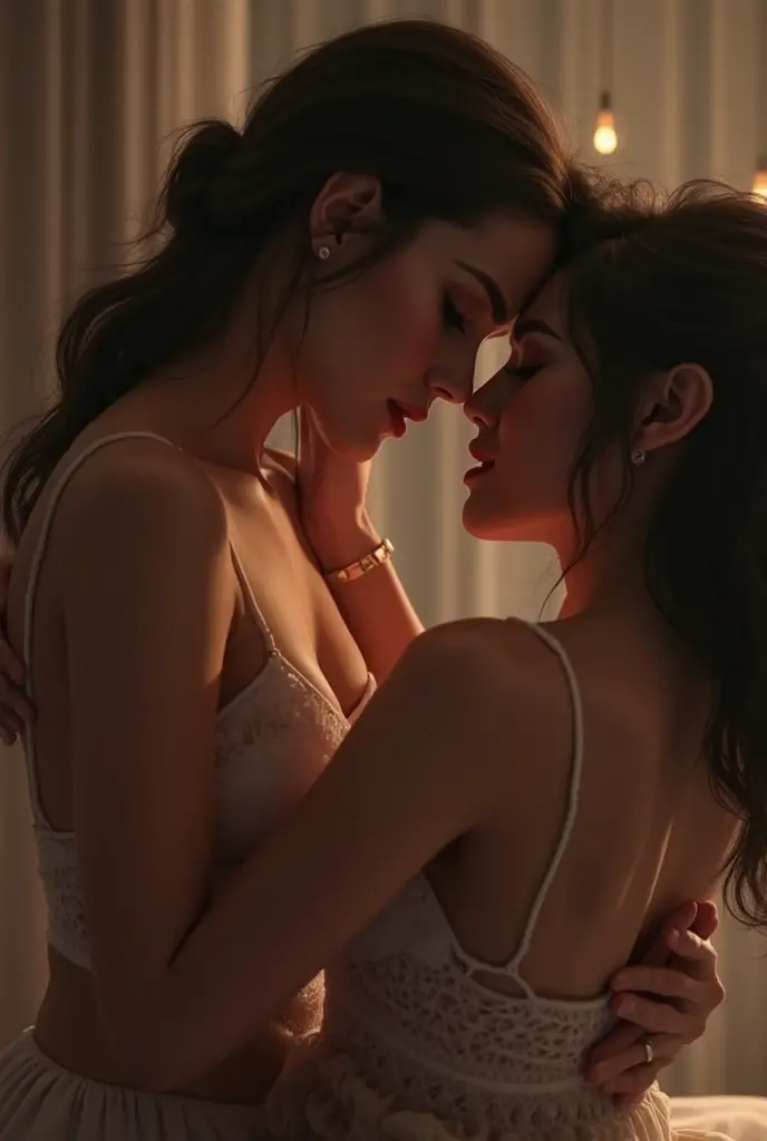 two girl kissing, s,(bright lighting,romantic setting),dreamy background,bondage,dark hair, mesmerizing gaze, , soft skin, alluring beauty, artistic portrait, high-quality image, vibrant colors,translucent silk wedding dress, mosquito net,lying down,tape bondage