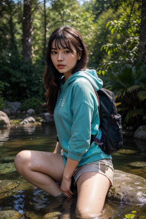 create a hyper realistic image of a 20 years old indonesia girl wear a white shirt soak in water on the river, carrying backpack, brown tactical short pant, boot shoes, headphone around neck, holding a digital camera, waterfall background, rainy weather, top angle, front view, wet shirt effect, rain effect