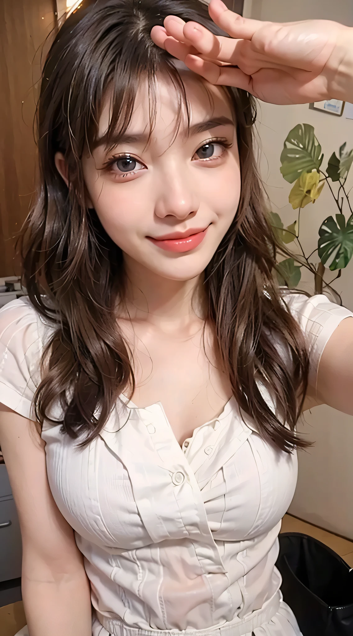 Full body camera angle、((highest quality、8K、Masterpiece: 1.3))、concentrate: 1.2、Cute Girl 1、Nipple erection、Perfect beauty: 1.4、Colorful lingerie、underwear: 1.2、Random Color、Comics&Text Graphics、Black ruffle trim drawstring zip blouse、1.1、Highly detailed face and skin textures、fine grain、double eyelid、Whitening skin、highest quality、Ultra-high resolution、you、One girl、one person、_Shiny skin、Iris、necklace、Full body angle、living、 ((Brown_length_Wavy_hair)),(lips))、eyelash、bangs、process、Compensation、Shine、pores、Skin type、Big Breasts、smile、lively、Selfie