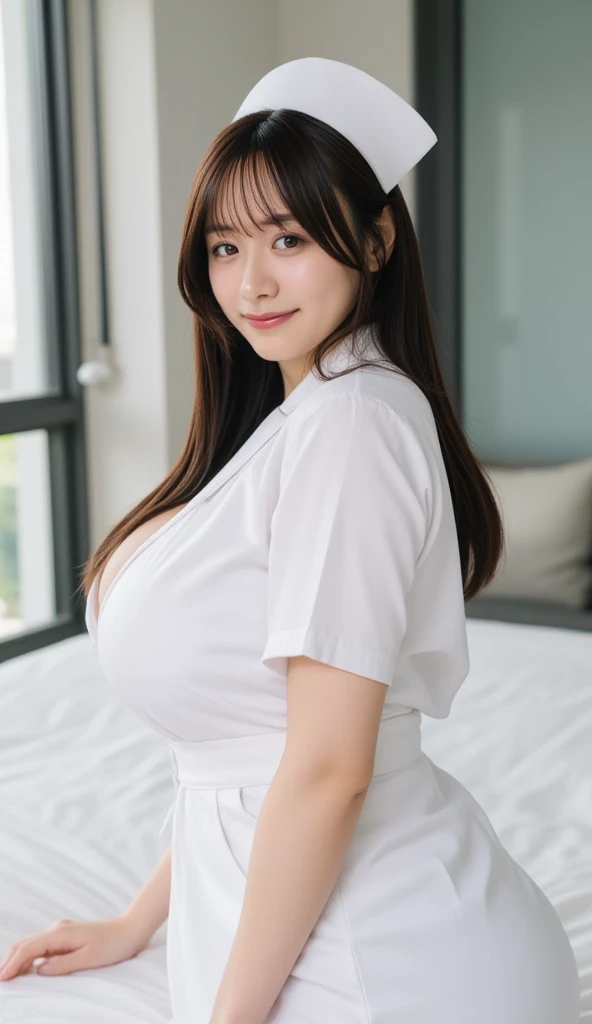 beautiful woman, Plump figure, nurse uniform, show cleavage, Nurse Cap, short skirt, hospital room, detailed face, beautiful eyes, Long eyelashes, Detailed facial features, porcelain skin, beautiful expression, Highly detailed, realistic, 8K, There are too many details., movie light, Warm colors, soft light, incredible light, Masterpiece