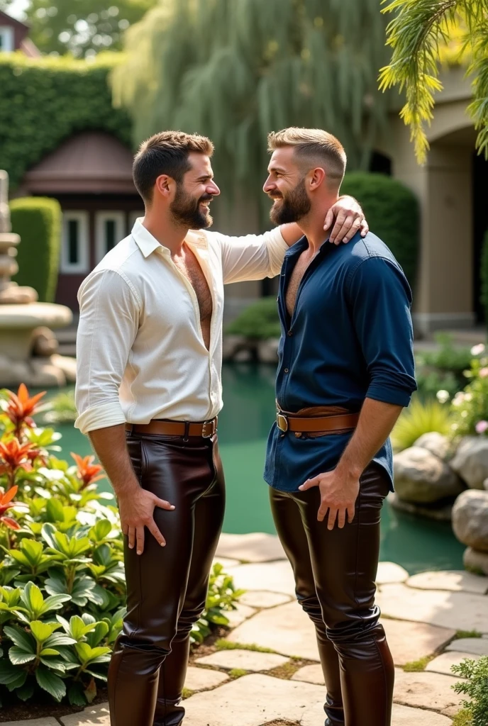 2 men, Photo-realistic. A pleased 24-year-old male, medieval warrior, with shaved blonde hair, stubble, and closed eyes, wearing sleeveless, metal armor, arm around, cuddling, kissing a smiling lovingly, 19-year-old, fit, handsome, medieval man with shaved, brown hair, slight stubble, and closed eyes, wearing sleeveless gray and gold tunic, and tan leather pants. They sit close together on a log, in a wooded field, in front of a campfire, at night. Masculine, sexy, men in love, with big bulging pants.