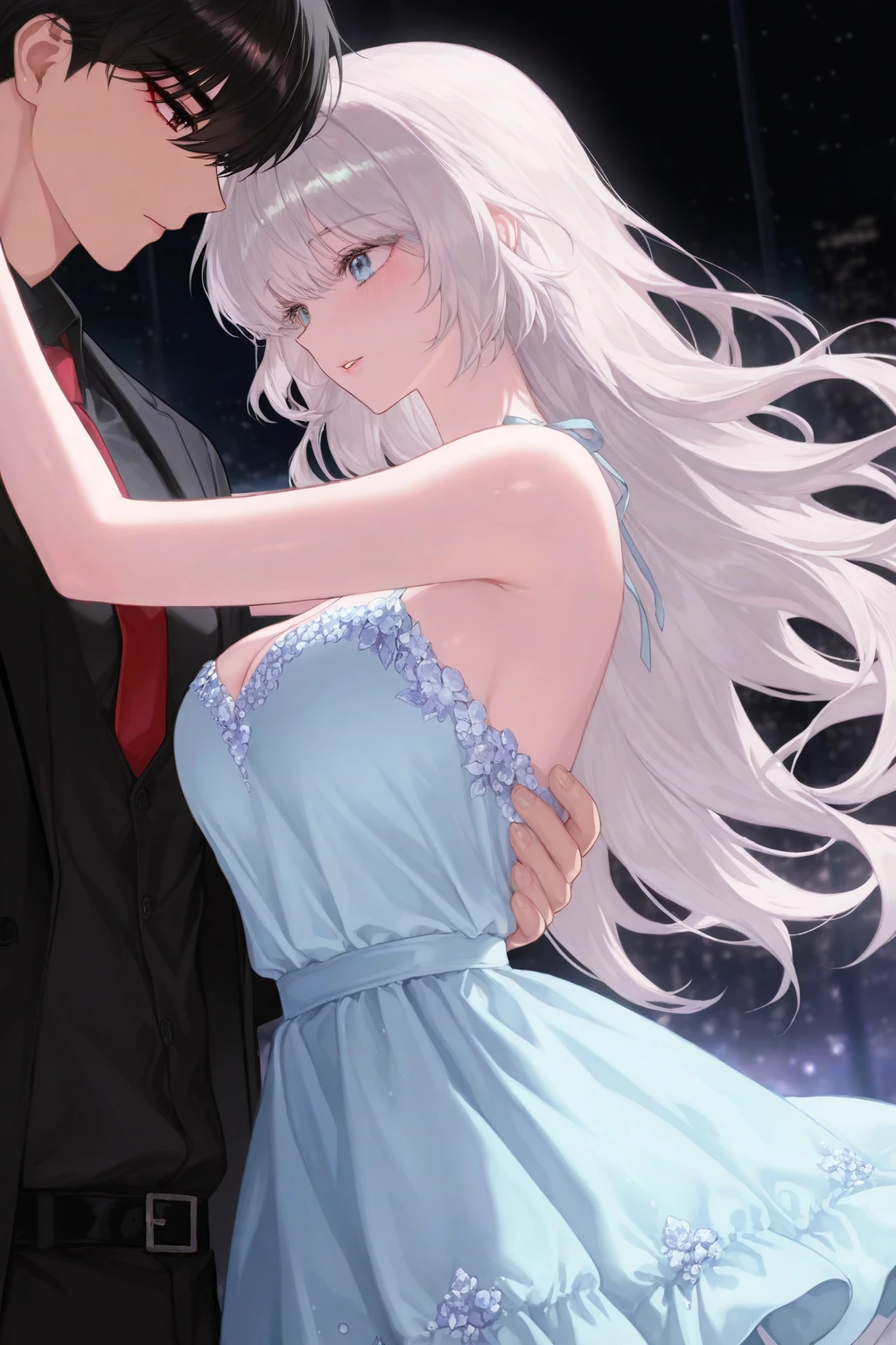 ((Biologically correct limb count))、(( Full-body photo including face))、4K、((Standing position))、masterpiece、((Focus on the face))、((Symmetrical facial features))、Eye for detailed depiction、Beautiful blue-haired woman、Excellent style、Beautiful clavicle、Beautiful feet、Beautiful Hands、Slender body、(blazer、skirt、Black Stockings、garter belt、High heels）、Facial detailing、Small earrings、necklace、tie、Looking at the night view、(Low - Angle、下からskirtの中を撮影するカメラアングル)、(((Black Hair、Silver Hair)))、((A big smile)))、((Face forward and stick your chin out))、Close-up photo of the upper body、