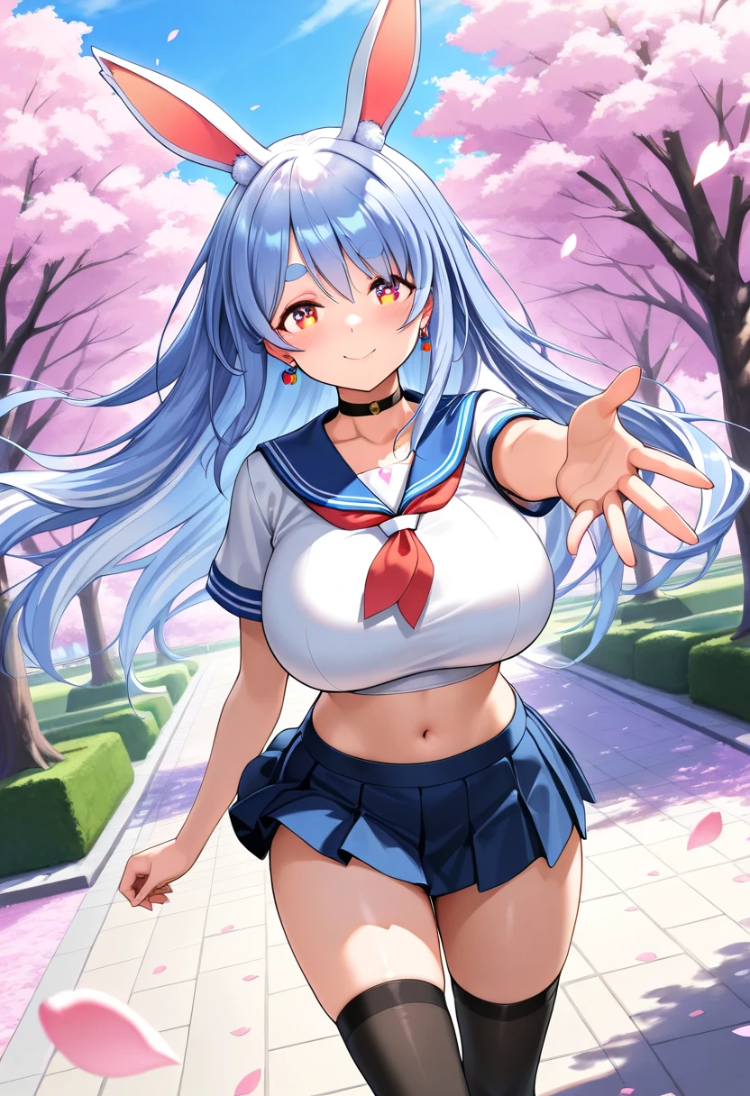 voroshilov,1girl,large breasts,skirt lift,miniskirt, serafuku, underboob, navel,bowtie,light smile, outdoors,cherry blossoms, lace panties,  standing,from below, blurry background, standing,pink eyes,navel,midriff, lifted by self, black_panties,