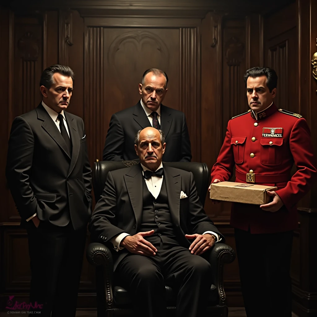 A mafia boss is celebrating his birthday with his family while sitting on a chair in his luxurious home,Centered around the mafia boss's seat,Everyone is talking and laughing,The expression is pleasant,There is a birthday cake on the dining table,His family stood beside him and enjoyed it with him