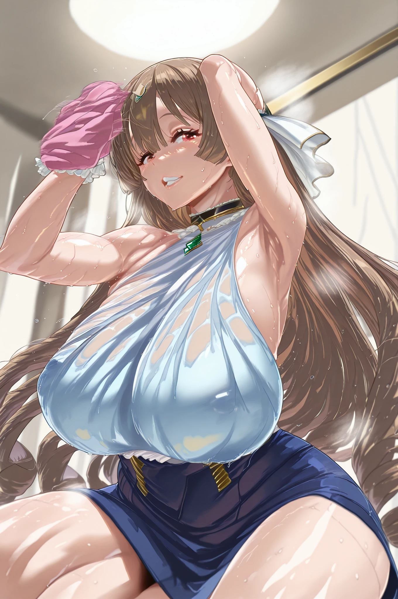 1 girl in、Teenage woman、Brown hair、short-hair、Face of shame、barechested、爆乳、、A white, sticky liquid is applied to the whole body、- Rub your boobs violently with your hands、 Beads、、Detailed body structure、All parts are clearly visible、simple background、Anime style
