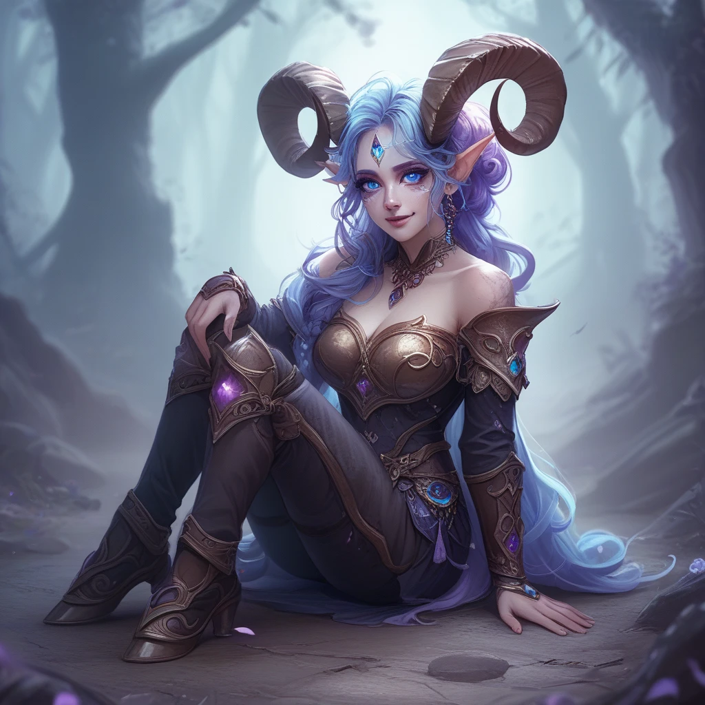 A draenei and nightelf hybrid woman with long pointy ears and draenei horns, large chest, narrow waist, wide hips, glowing blue eyes, blue and purple skin, purple hair draenei jewelry over the body on the tail and the horns, she wears a black and blue dress, she has face tattoos, nature lake, intricate details, hyper realistic, cinematic lighting, dark fantasy, chiaroscuro,volumetric lighting,glowing energy,photorealistic,8k,best quality,masterpiece