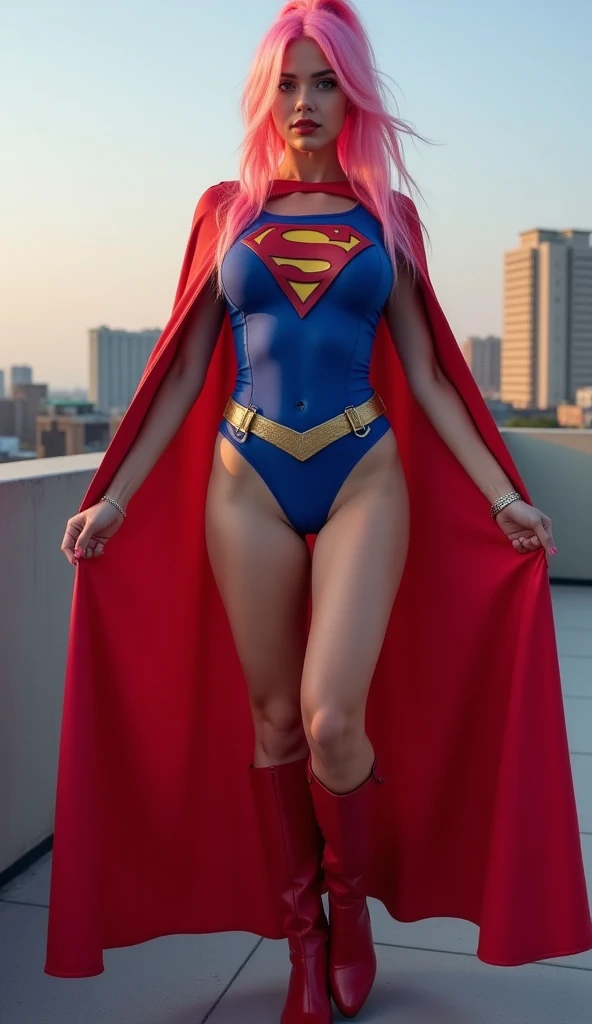 ((Realistic , photo-Realistic)), supergirl ((blonde hair, big breasts ,blue eyes)), superman suit clothes
