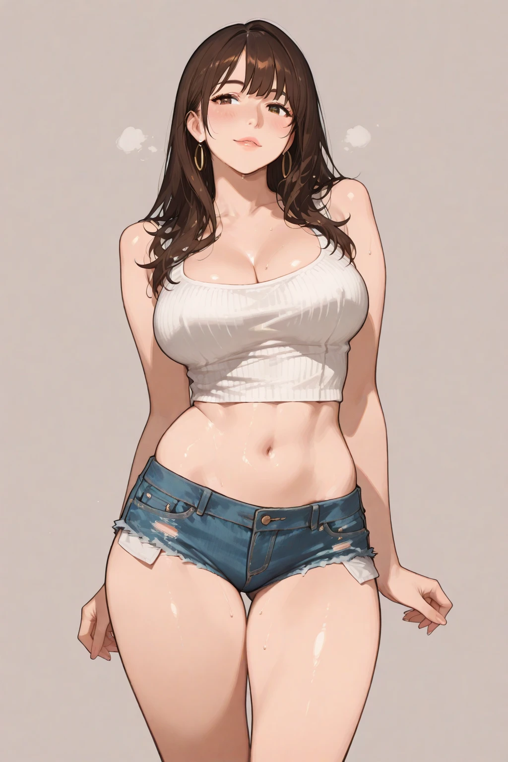 1girl, Anime, anime girl, 2d, 16y, 16 years, black belt, (full body), Very Kawaii, lip lips, seductive smile, Solo, Slim, Large Breasts, Plain White Bra, cleavage, Very Tight Shorts, upshorts, Dynamic Angle, No Background, White Background, looking at viewer, darker shadows, (nsfw), (((absurdres))), (((thigh gap))), (((cameltoe))), (((shorts entering in her vulva))), (((sleeveless))),