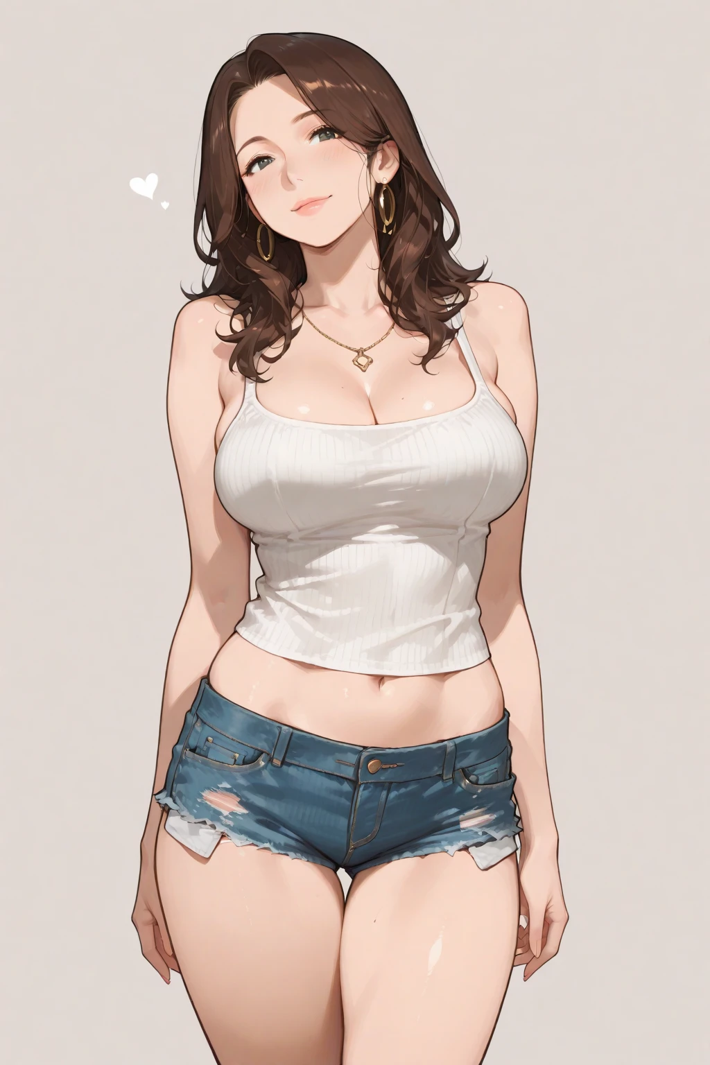 Anime, anime girl, 2d, 18y, 18 years, (((Fullbody))), Very Kawaii, smile, lip lips, seductive smile, Solo, Slim, Large Breasts, Plain White T-shirt, Tight Shorts, upshorts, Dynamic Angle, No Background, White Background, looking at viewer, darker shadows, (((absurdres))), (((thigh gap))), (((cameltoe))), (((sleeveless))),