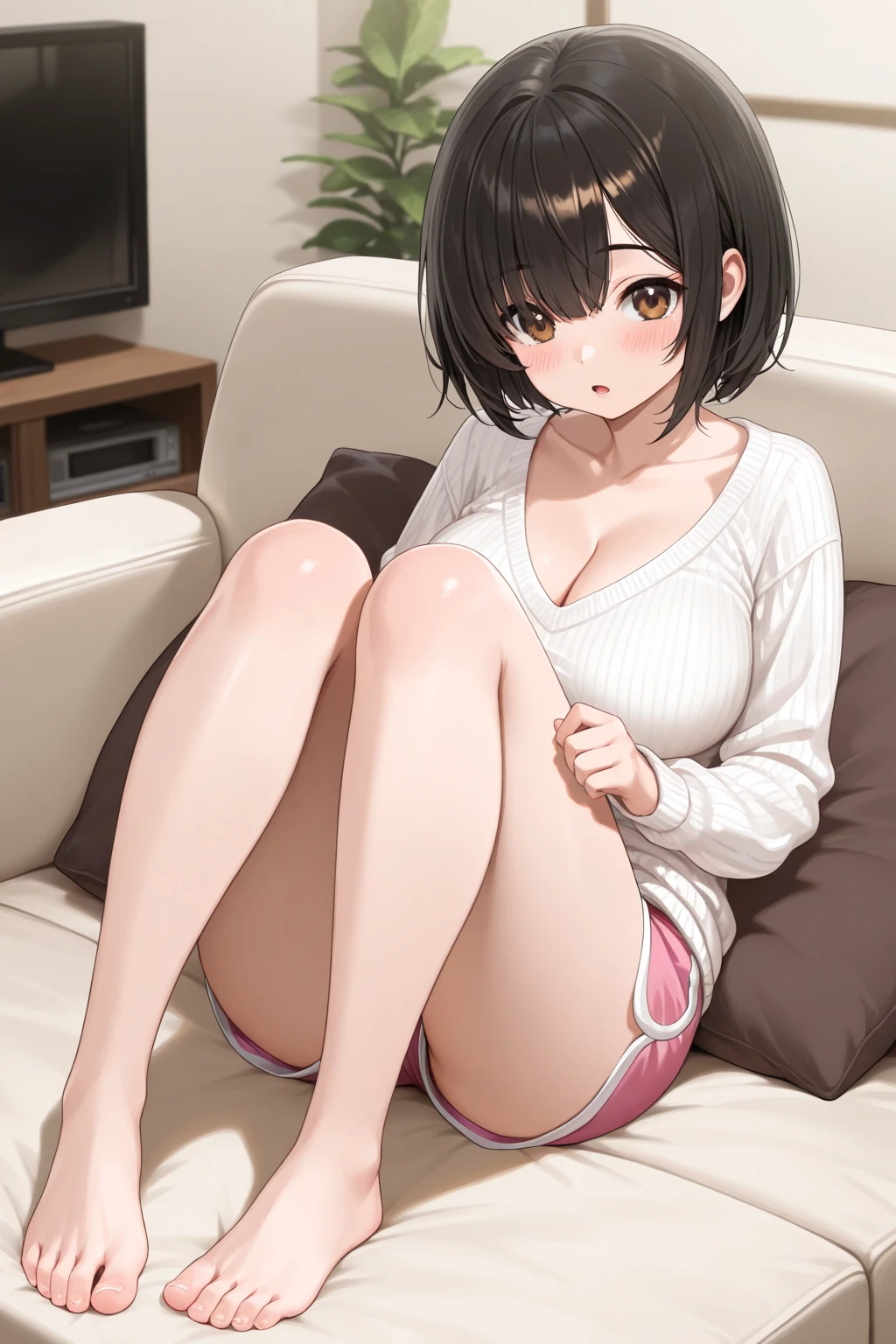 ((4k, masterpiece, highest quality)), 1 girl, anime, short hair, red eyes, big breasts, cute, blush, Sweat,red checked pleated skirt, underwear, spread your legs, Wet, white tank top, barefoot