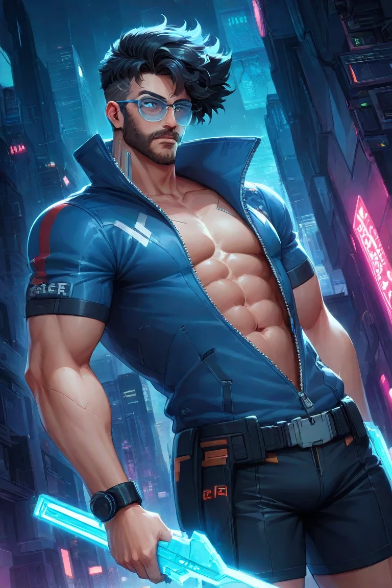 man, short blue hair, blue beard, thick blue eyeshadow, emerald green eyes, thick arms, hidden hands, wearing cross brico on left ear, defined jaw, glued jeans, big mouth, aggressive seductive look, defined body, clear and rainy landscape, leaning against car, with buildings, weights around blurred, more blurred background, --auto --s2