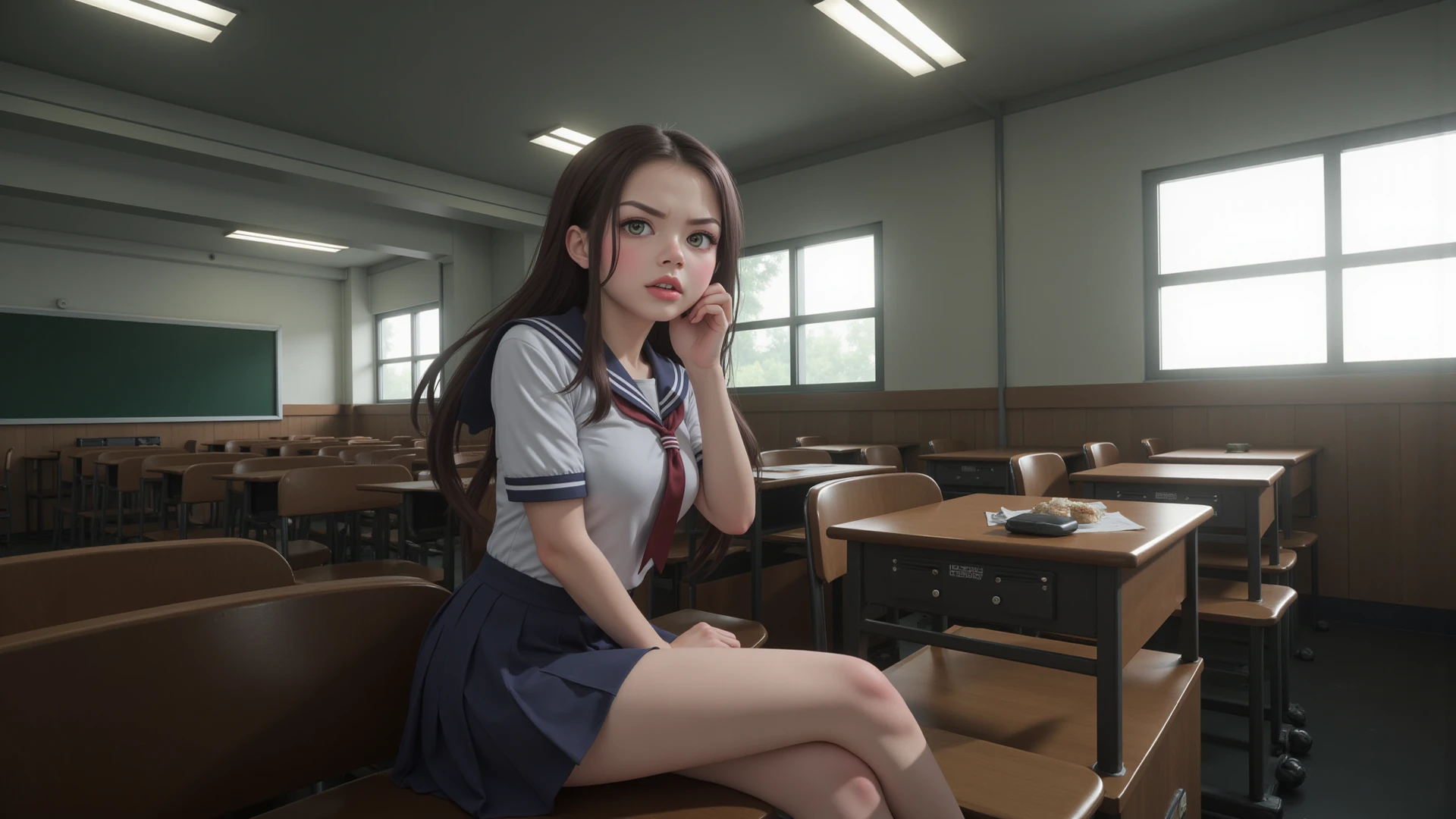 Obra maestra, La mejor calidad, 1girll, ojos negros, Pale skin, cabello negro oscuro, cabello ondulado, pelo corto, flequillo que cubre los ojos, Pendientes, Camisa azul oscuro, Fondo simple, solamente, Parte superior del cuerpo