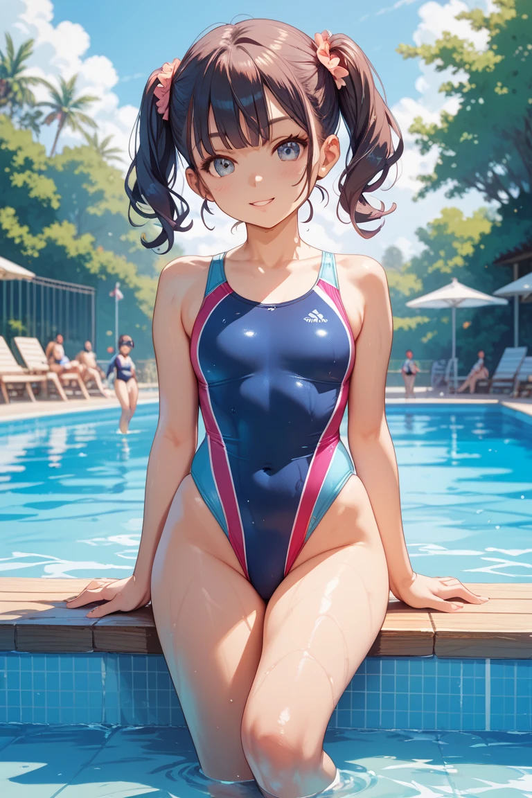 the real thing、女の子1人、ligh brown hair、Longhaire、Twin-tailed、Bewitching face、Green eyes、Infant body shape、((small tits))、((Competitive swimsuit:1.5)), The nipple is visible、((big breasts thin waist))、a wet body、cowboy  shot、Forward-facing、Shiny body、pee、Looking at the camera、((genitals are visible))、Shoot head-on、​masterpiece、top-quality