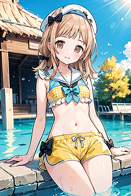 (Perfect Anatomy, Balanced ratio, very cute illustration:1.1), Poolside, Open your mouth、blonde, blue eyes, Wavy long hair, ponytail, Half-cut bangs,(Small breasts)、 (Place your arms behind your head, Underarm), (Embarrassing), (Gorgeous idol costume swimsuit with attention to detail), Baby Face, (girl:1.5), (Cute round face),